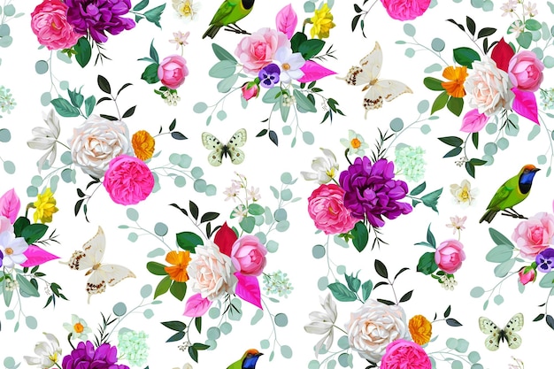 Boho seamless pattern with roses and tulips