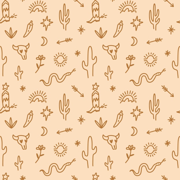 Vector boho seamless pattern with western desert cartoon ornamental wallpaper. cowboy boot, bull animal