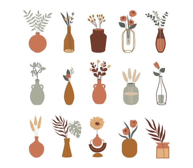 Boho set of blooming flowers in vases and bottles vector modern collection aesthetic illustration