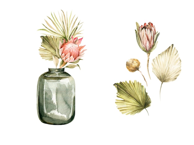 自由奔放に生きるセット-熱帯のヤシの葉、花、乾いた草、花の花束とセラミック花瓶