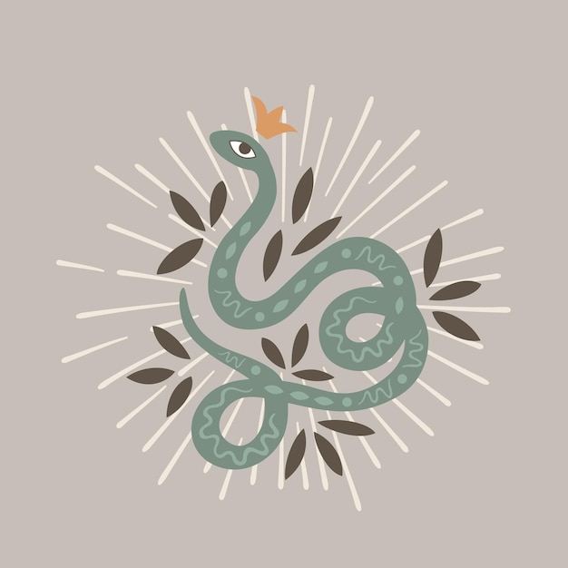 Vector boho snake illustration with leaves and sunbursts