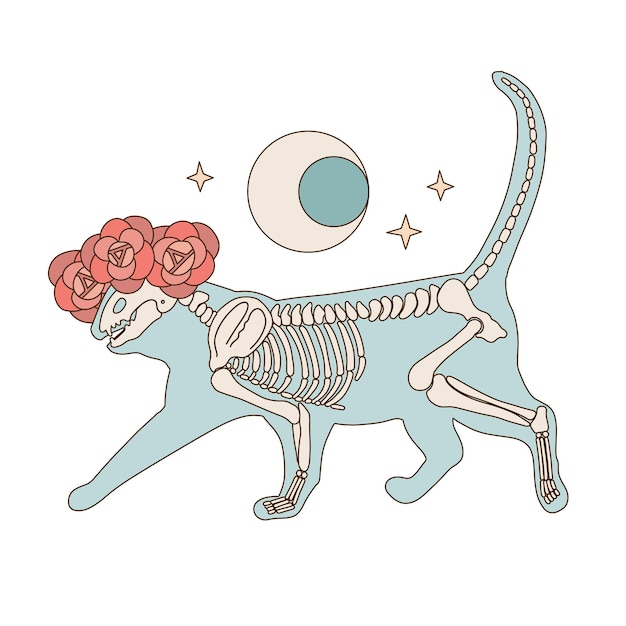 ホールの三日月と星のデザインとバラの花の花輪で自由奔放に生きる不気味な衣装プリント スケルトン猫