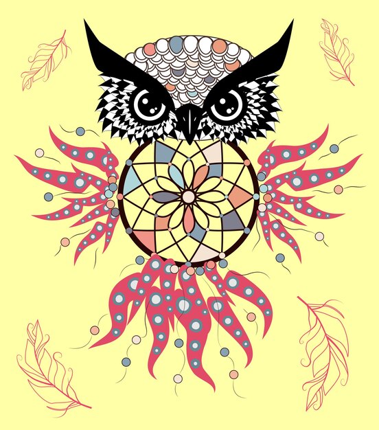 Vector boho style colored owl with tribal arrows bohemian tribal owl with a dream catcher totem owl