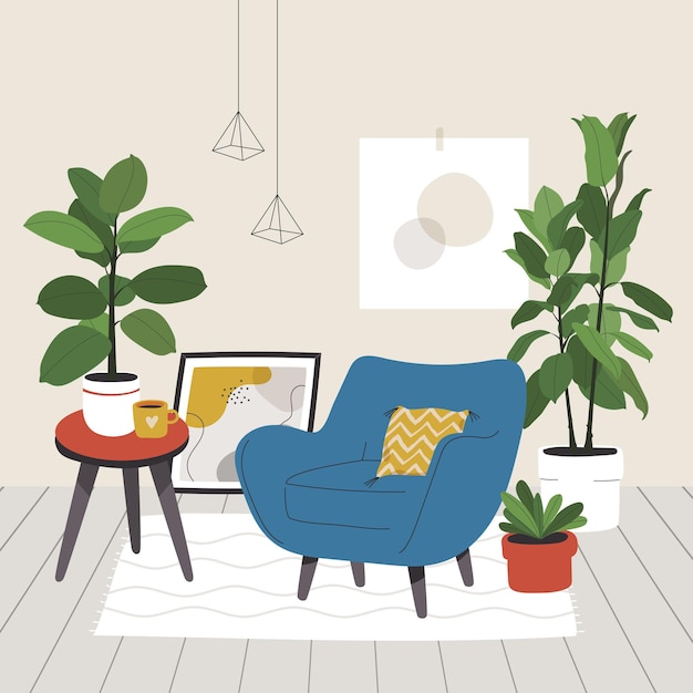 Vector boho style cozy living room illustration concept