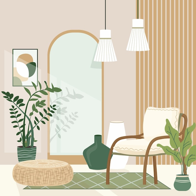 Vector boho style design interior in trendy earth tones personal eco space concept in scandinavian style