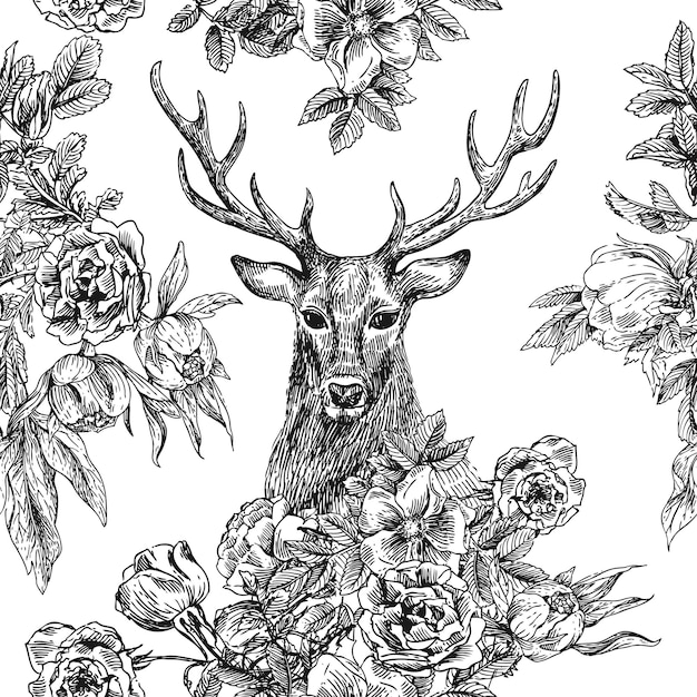 Вектор Ручной рисунок в стиле бохо с оленями и цветами. векторная иллюстрация. использование для печати на футболках, плакатов, свадебных открыток.
