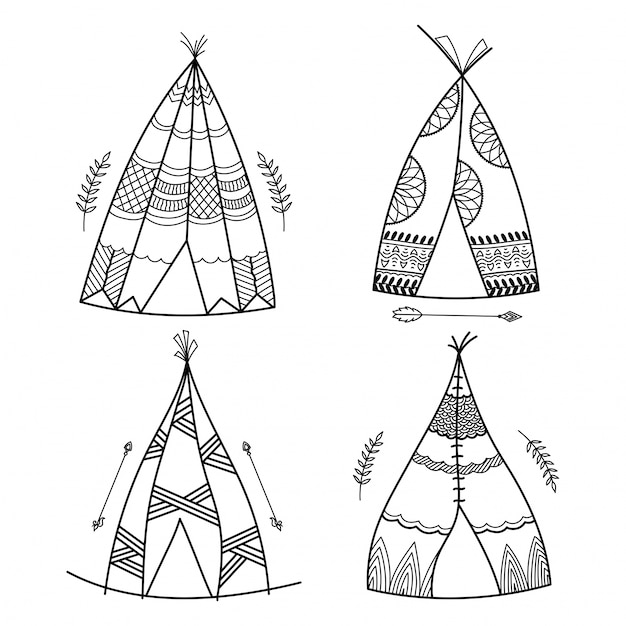 Vector boho style, hand drawn teepee or wigwam with tribal pattern