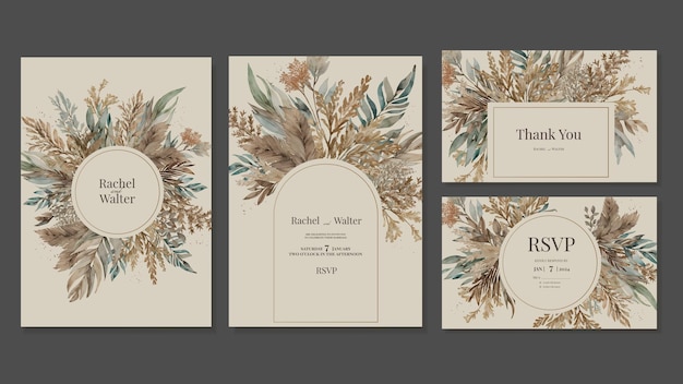 Vector boho style wedding invitation templates of invitations thank you cards with pampas grass