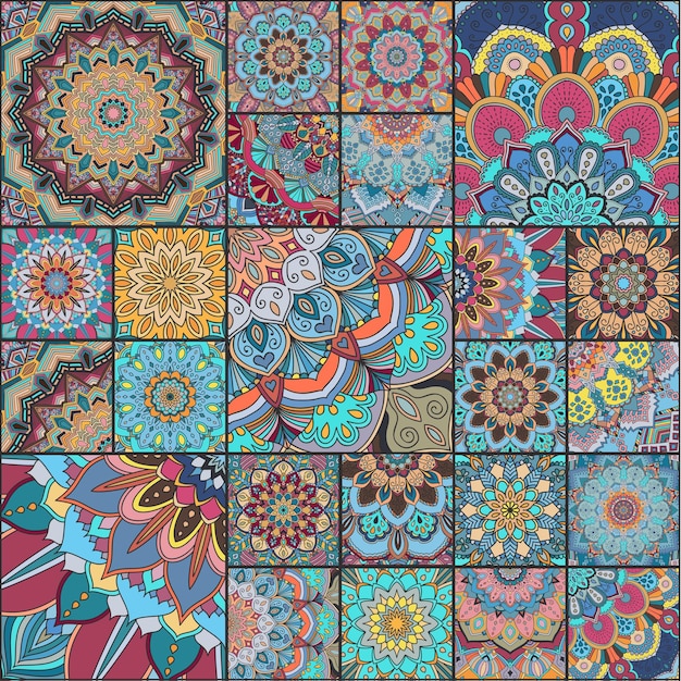 Boho tile set Colorful patchwork for fabric print furniture wallpaper fashionable textile Square design elements Unusual flower ornament Vector oriental mandala background