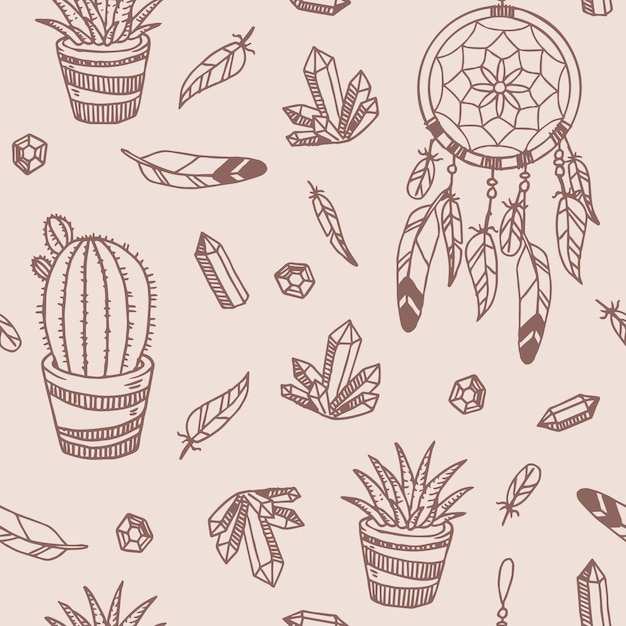 Boho tribal vector seamless pattern with plants, dream catcher, feathers and gem stones. Gypsy spirit. In a doodle hand-drawn style. Neutral tones.