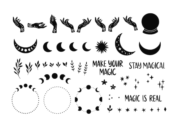 Boho vector illustration set witchy hands celestial elements moon phase