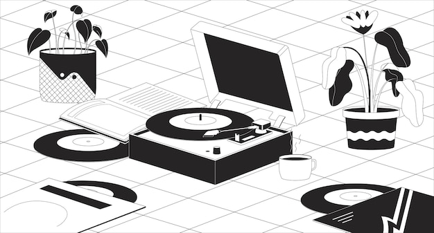 Vector boho vinyl player flowerpots black and white lofi wallpaper