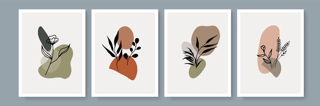 Boho wall art poster in earth tone color. Set of four home wall decor design concept