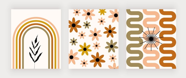 Boho wall art prints with flowers and wavy lines