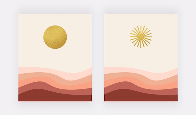 Boho wall art prints with golden moon and sun