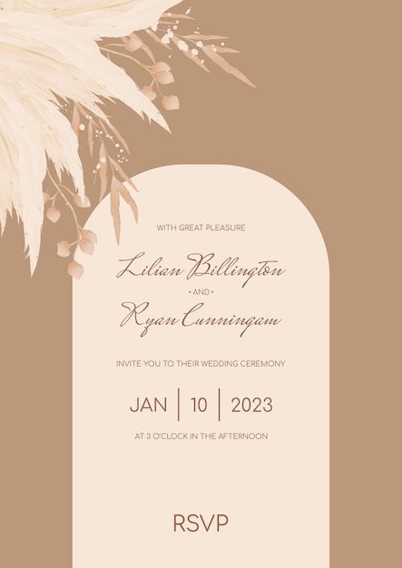 팜파스 벡터 배너 포스터 템플릿과 갈색 모래 배경에 Boho 결혼식 초대 템플릿