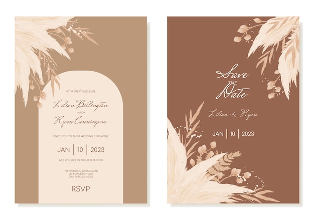 Vector boho wedding invitation template set with dried flowers and pampas in brown shades invitation cards