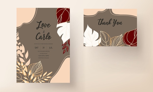 Vector boho wedding invitation with elegant outline gold leaves