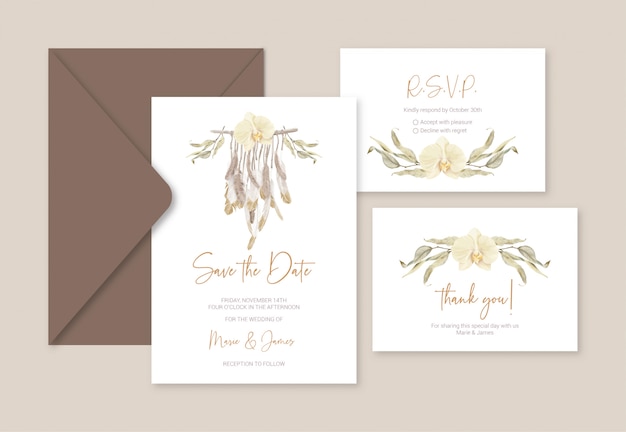 Carte modello matrimonio boho con macramè di piume e foglie di eucalipto