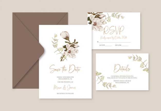 Vector boho wedding template cards with magnolia  and eucalyptus