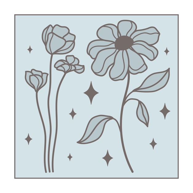 Boho wildflowers vector design Celestial magic florals Mystical boho field flowers and stars