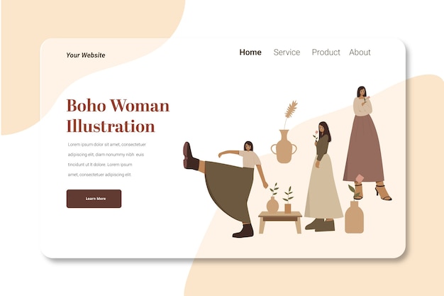 Boho woman landing page illustration template