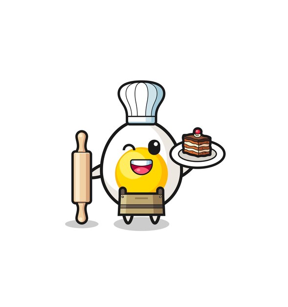 Boiled egg as pastry chef mascot hold rolling pin