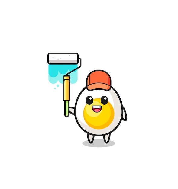 The boiled egg painter mascot with a paint roller , cute design