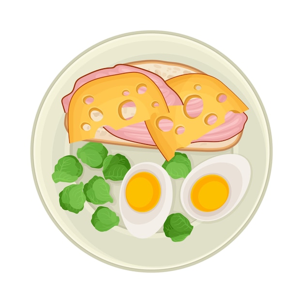 Vettore uova bollite e panino serviti sul piatto con illustrazione del vettore dei germogli di bruxelles