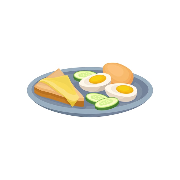 チーズとキュウリで調理された卵のサンドイッチ プレートに新鮮な栄養のある朝食 メニュー カフェ レストラン ベクトル イラスト 白い背景に隔離