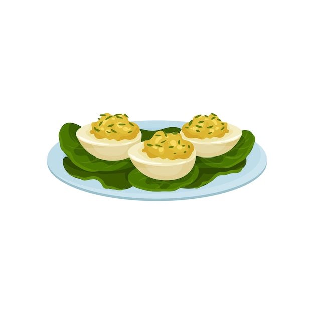 Vector boiled eggs stuffed with mustard and greens appetizing snacks on blue plate with green salad leaves food theme cartoon vector icon colorful illustration in flat style isolated on white background