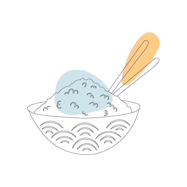 Boiled rice in a plate in the style of line art with colored spots