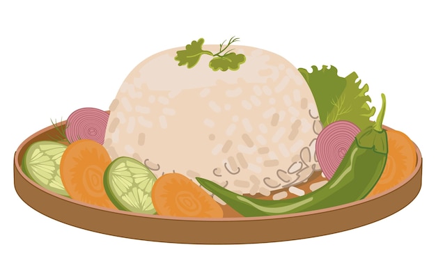 Boiled rice and vegetables on a platter vector flat style a traditional side dish main dish in asia