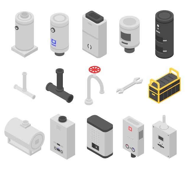 Vector boiler icons set, isometric style