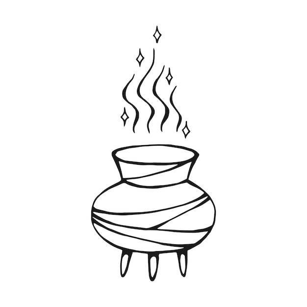 Boiling magic cauldron Hand drawn vector illustration isolated on white background