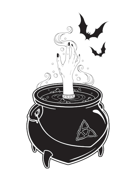 Кипящий волшебный котел с ведьминой рукой и векторной иллюстрацией летучих мышей, нарисованный вручную дизайном хэллоуина