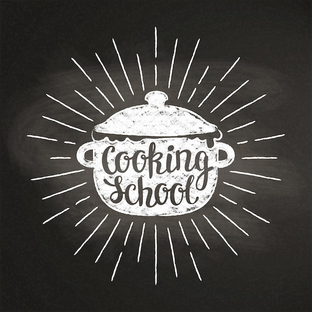 Vector boiling pot chalk swith sun rays and lettering - cooking school