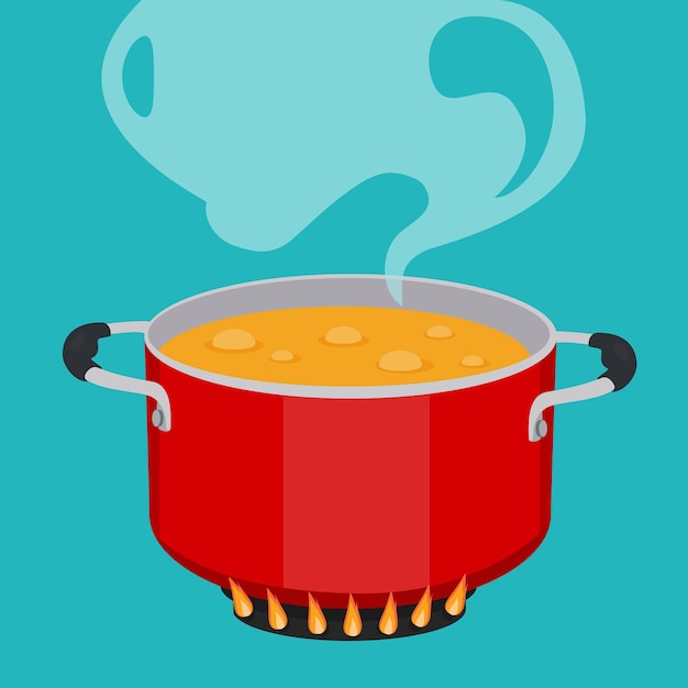 Vector boiling soup in pan red cooking pot on stove with water and steam flat design graphics elements vector illustration