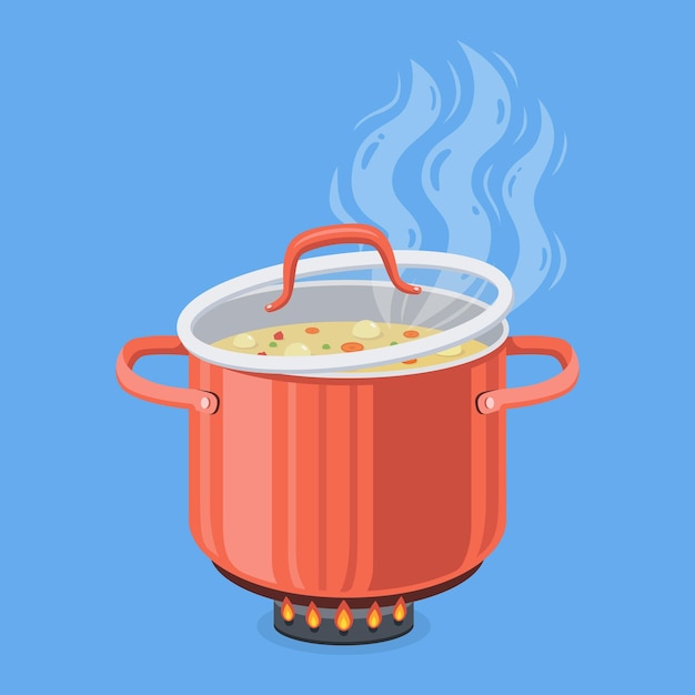 Vector boiling soup in pan with open lid red cooking pot on stove with water and steam vector illustration