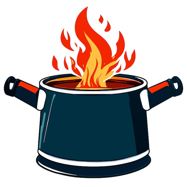 Vector boiling water in aluminum kettle on gas flame realistic vector illustration