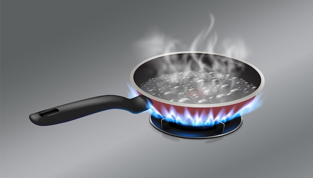 The boiling water in the pan is placed on a gas stove.