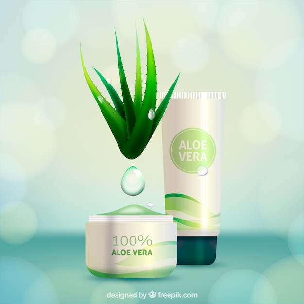 Bokeh background with aloe vera cosmetic products