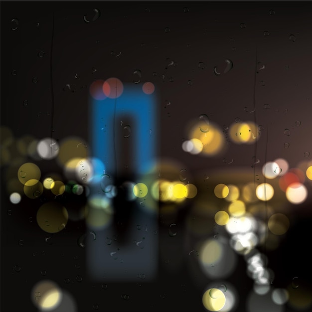 Vector bokeh lights at night through window with rain drops