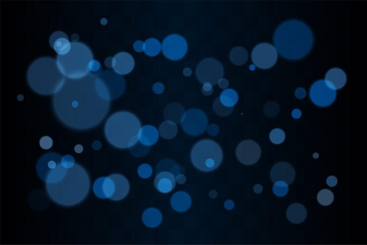 Vector bokeh set multiple blurred circles randomly distributed with soft focus depth created by overlapping transparent layers on dark background