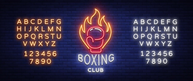 Boksclub logo in neon stijl vectorillustratie Embleem neon teken symbool voor een sportfaciliteit op het gebied van boksen Neon banner heldere nachtleven advertentie Bewerken van tekst neon teken