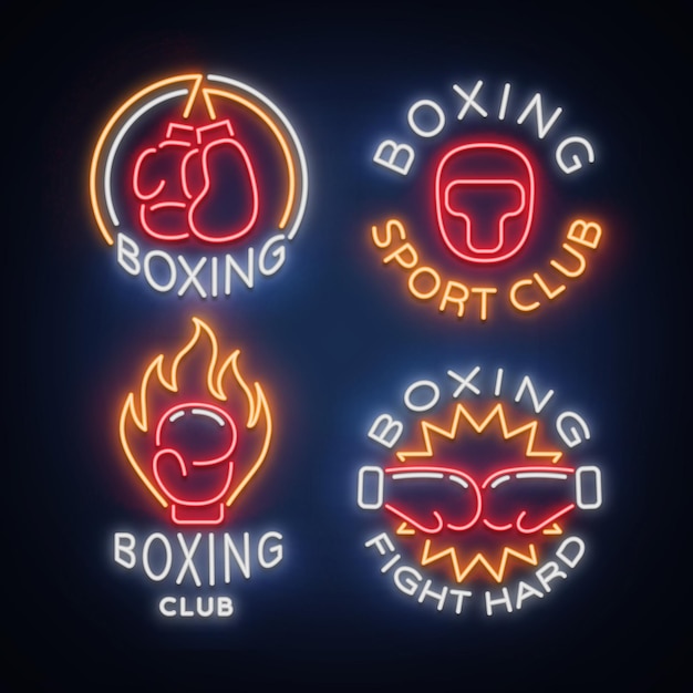 Boksen Sports Club set logo's in een neon stijl vectorillustratie Verzameling van neonreclames emblemen symbolen voor een sportfaciliteit op een boks thema Neon banner heldere nachtleven advertentie
