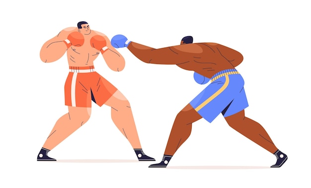 Boksers vechten. Worstelende strijd van twee sterke vechters in handschoenen. Man atleet ponsen zijn tegenstander met arm bij klassieke bokswedstrijd. Platte cartoon vectorillustratie van internationale sparring