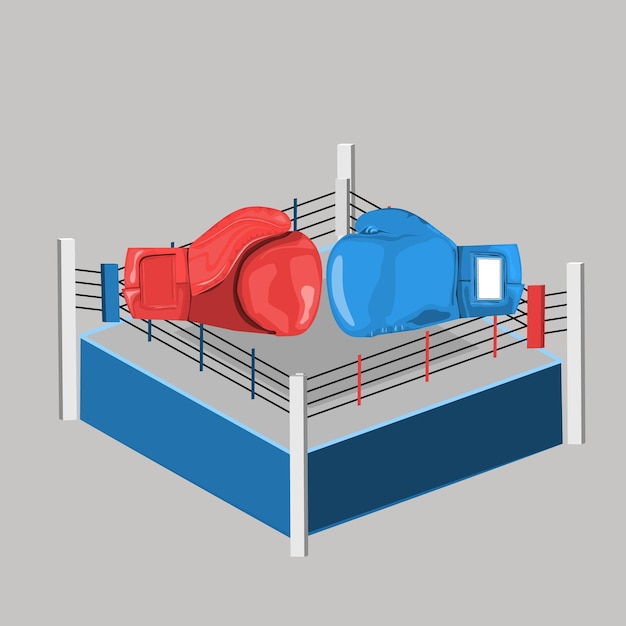 Boksring tussen rode en blauwe bokshandschoenen. vectorillustratie.