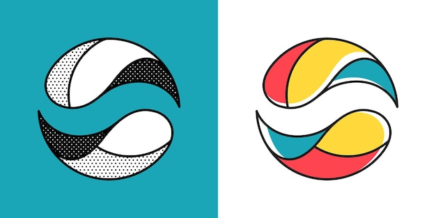 Vector bol logo yin en yang in cirkel embleem optische illusie teken retro 3d iconen set met zwarte en witte stippen en kleuropties vector onmogelijke vorm voor halftone label vintage posters