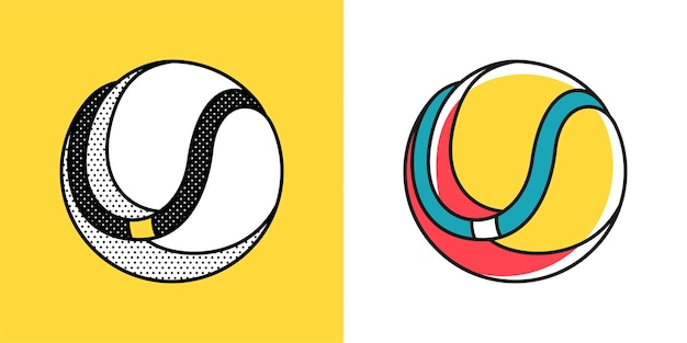 Vector bol logo yin en yang in cirkel embleem optische illusie teken retro 3d iconen set met zwarte en witte stippen en kleuropties vector onmogelijke vorm voor halftone label vintage posters